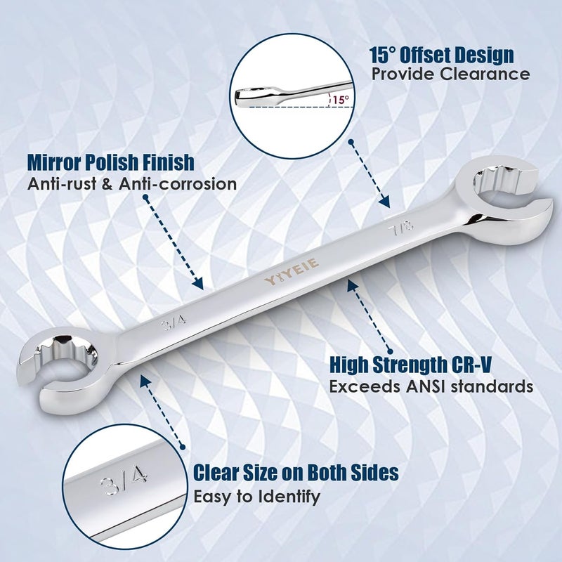 YIYEIE 12-Point Flare Nut Wrench Set Metric & SAE, 8mm-19mm & 1/4"-7/8", 11PCS Offset Line Wrench Set for Brake, Fuel and Tubing, CR-V Steel, Double Open End with Organizer Pouch for Removing Nuts - Image 4